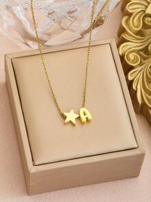 1pc Five-Pointed Star & Initial Letter Charm Stainless Steel Necklace For Anniversary Mother's Day Children's Day Birthday Gift For Daily Life - Gold - View 4