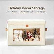 1pc Foldable Christmas Storage Box With Transparent Front Window, Stackable Fabric Holiday Decor Organizer Bin With Sturdy Leather Handles And Dust Cover, Suitable For Christmas Stockings, Ornaments, Ribbons And Holiday Supplies - Multicolor - View 6