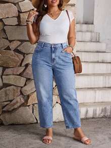 Plus Size Mom Slim Fit Ankle Length Denim Jeans With Pockets And Zipper, Non-Stretch Fabric, Suitable For Daily Wear - Blue - View 5