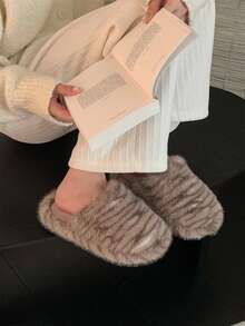 XIXITIAO Cute Animal Print Plush Slippers, Warm Soft Sole Indoor Home Slippers, Suitable For Autumn And Winter - Light Gray Cat Pattern - View 6