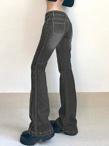 Women's Y2K Flared Jeans With Pockets, Autumn Casual Spring Fall - Dark Grey - View 4