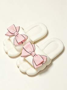 Women's New Soft Cushion Slippers Indoor Home Cute Cartoon Thick Sole Contrast Color Bowknot - White - View 1