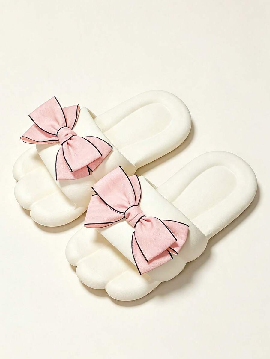 Women's New Soft Cushion Slippers Indoor Home Cute Cartoon Thick Sole Contrast Color Bowknot - White - View 1
