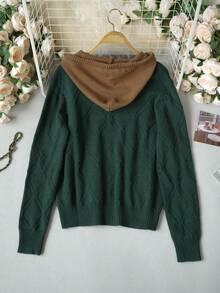 Women's Contrast Color Hooded Zip-Up Knit Cardigan, Autumn/Winter New Style, Dark Green Argyle Jacquard Fabric With Brown Hood Trim And Drawstring, Round Ring Zipper + Dual Side Patch Pockets, Ribbed Hem, Loose Casual Fit For Daily Outings And Commuting - Dark Green - View 9