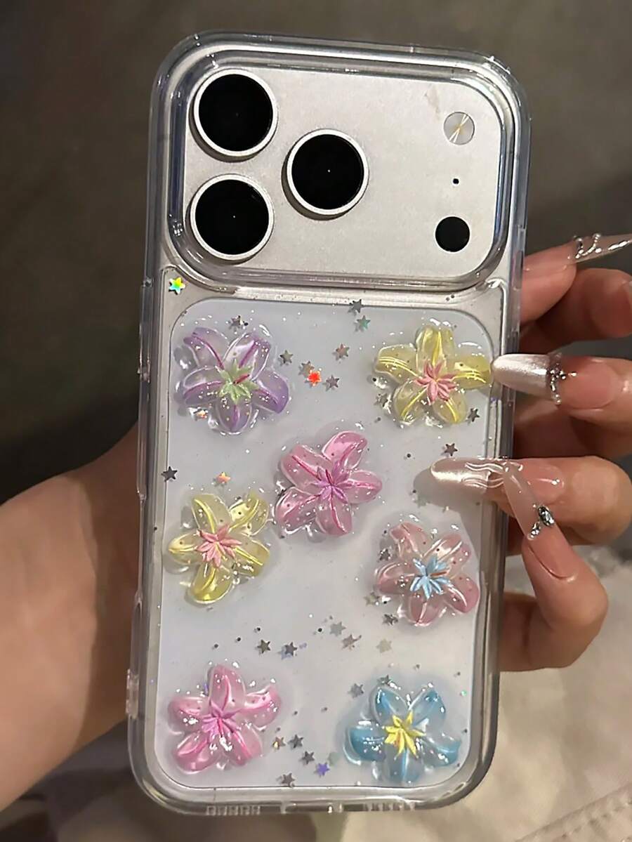 Sommer Süß 3D Bunte Blumen Lilie Gänseblümchen Pailletten Transparente Epoxidharz Handyhülle Kompatibel mit iPhone 17 Pro Max, 17 Pro, 17, 16 Pro Max, 16 Pro, 16, 15 Pro Max, 15 Pro, 15, 14 Pro Max, 14 Pro, 14, 13 Pro Max, 13 Pro, 13 Mode Transparente Stoßfeste Schutzhülle - Glitzerlilie - Übersicht 1