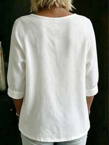 Plus-Size Casual V-Neck 3/4 Sleeve Woven Maternity Top With Delicate Lace Details And A Loose, Bohemian Style White - White - View 3