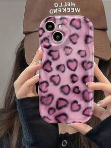 1pc Creamy Big Wave Ins Style Minimalist Gentle Personalized Pink Leopard Print Heart Pattern Phone Case, Milky White Wavy Full Coverage Lens Soft Shell Compatible With Samsung, Series Phones - White - View 5