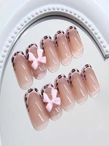 Y2K 24 Piece Set Of Short Square Press On Nail Art Pieces, Pink French Leopard Print, 3D Bow Design, Handmade, Glossy, Fully Covered, Suitable For Women And Girls To Wear Daily Nail Products - Multicolor - View 3