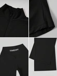TimeOff 女款秋冬套裝 素色立領夾克外套與高腰直筒寬腿長褲 - 黑色 - 查看 4