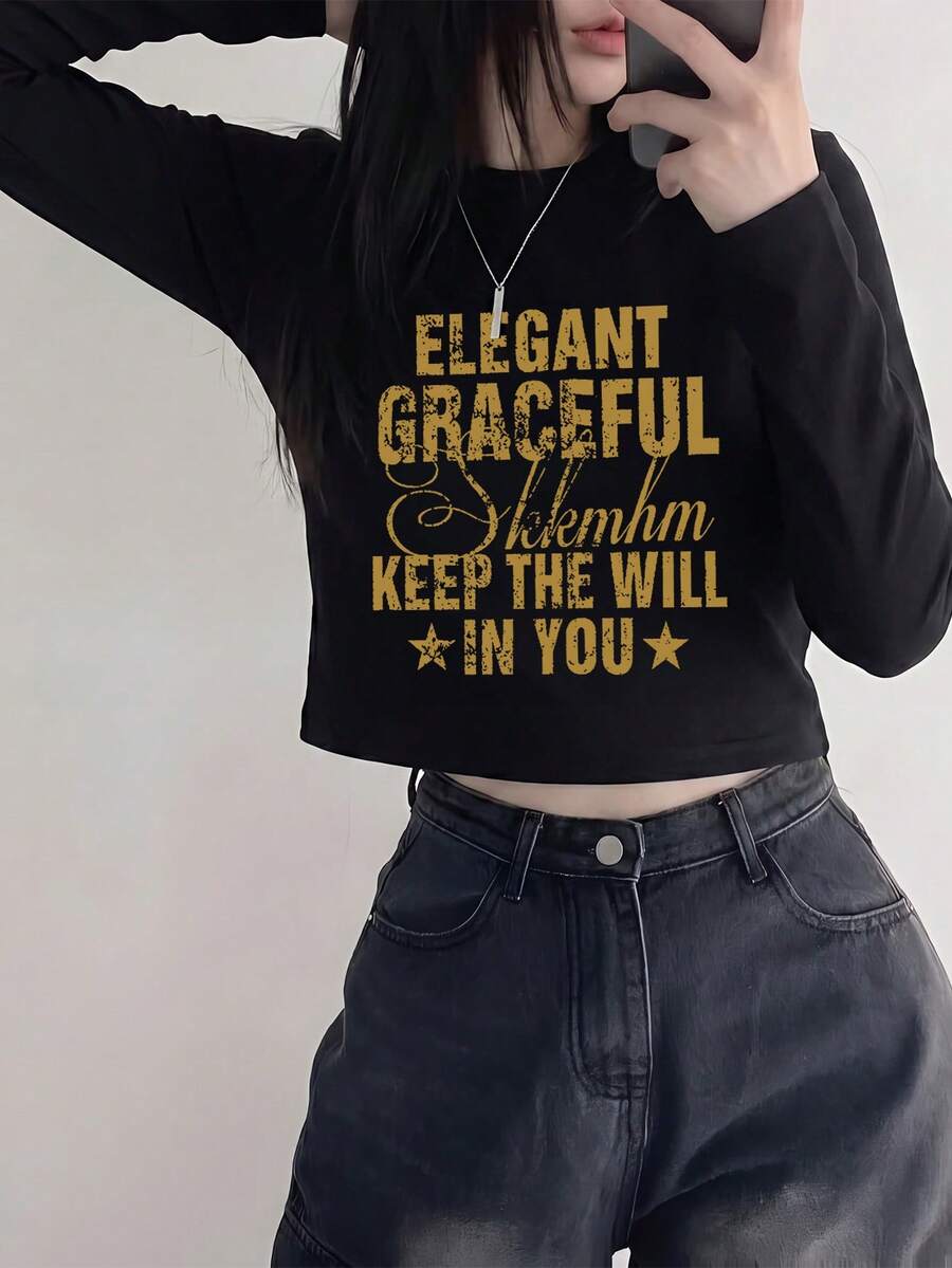 Kaos Wanita Kasual Serbaguna Leher Bulat Motif Huruf Lengan Pendek, Warna Hitam Musim Semi/Musim Gugur - Hitam - View 1
