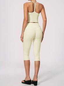 NcmRyu Women's One Set Contrast Color White Line Spaghetti Strap V-Neck Y-Back Tank Top And Butt-Lifting Mid-Length Shorts Sports Outfit - Apricot - View 4