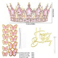 24pcs/3pcs Luxury Rhinestone Crown Happy Birthday Butterfly Cake Topper Set, Suitable For Princess Queen Birthday Party Cake Dessert Decoration - Multicolor - View 7