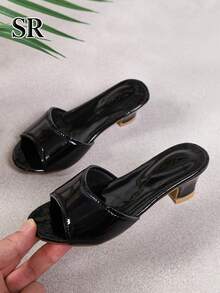 1 Pair Girls Black Glossy Open Toe High Heel Sandals, Fashion Classic Slippers, Daily & Party Princess High Heels - Black - View 2