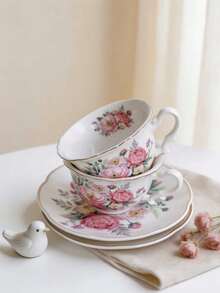 1pc 80ml Mini Espresso Cup With Saucer, Vintage Rose Floral Ceramic Coffee Cup, Korean Ins Style, Gold Rim Design, Suitable For Coffee, Tea, Latte, Home Decor And Gift - White - View 5
