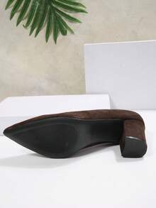 Women's High Heel Pumps, Chunky Square Heel, Spring/Autumn, Block Heels, Fine Suede Coated Fabric, Solid Color, No Print, Pointed Toe, Low Vamp - Coffee Brown - View 9