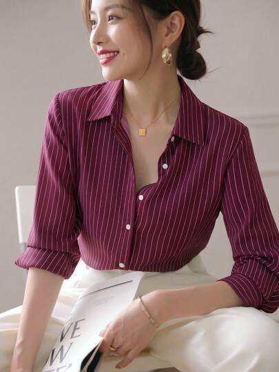 YUXIN Spring & Autumn New Loose Fashion Blue Striped Elegant Long Sleeve Shirt, Design Sense Commuting Workwear Slimming Versatile Blouse