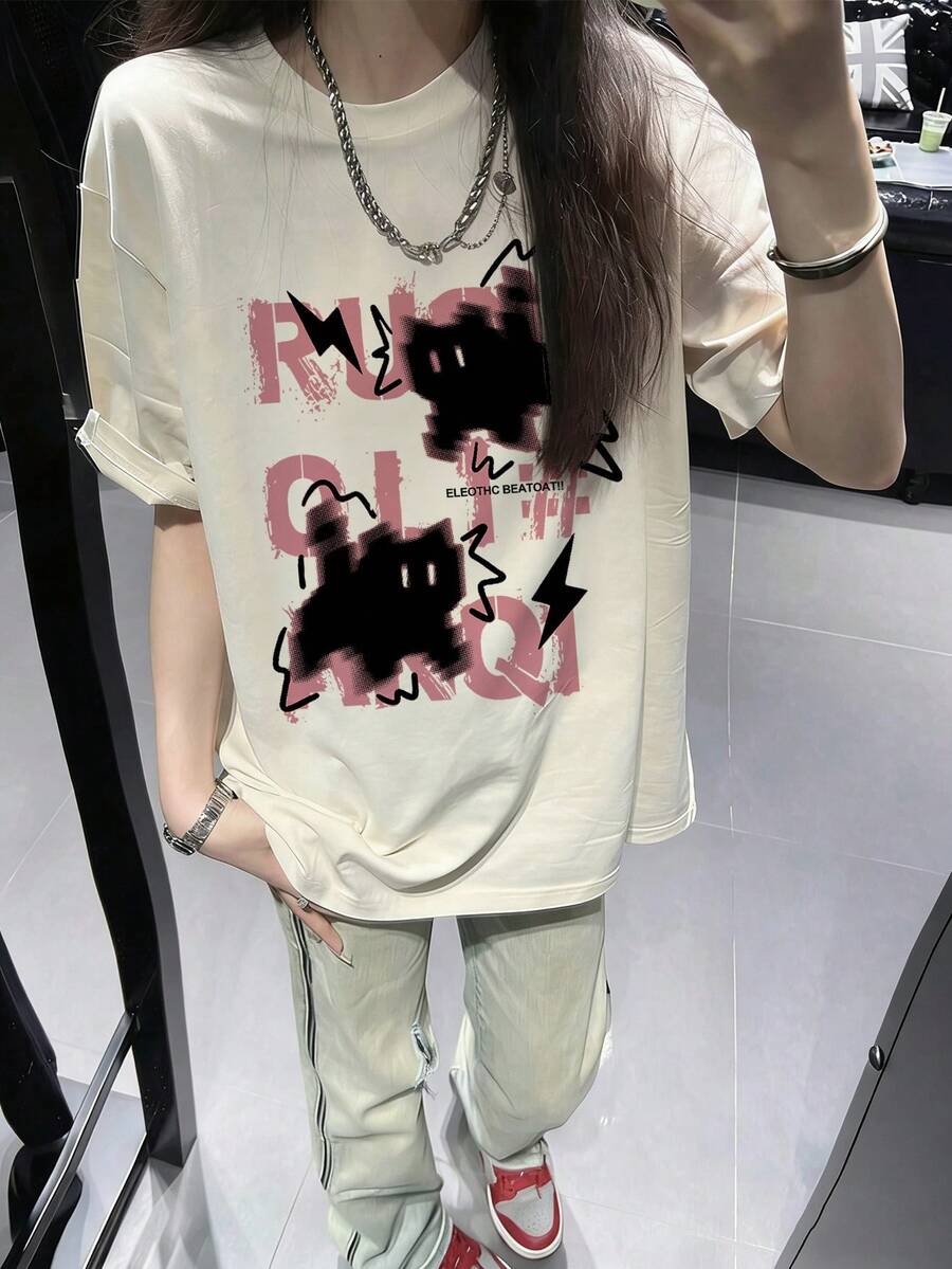 日系女式宽松休闲圆领字母卡通猫印花短袖T恤,春夏百搭 - 杏色 - 查看 1