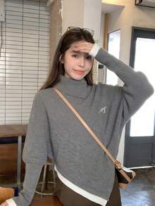 Grey Design Slouchy Asymmetrical Batwing Sleeve High Neck Cape 2 In 1 Sweater Women Autumn/Winter Loose Knit Top - Grey - View 2