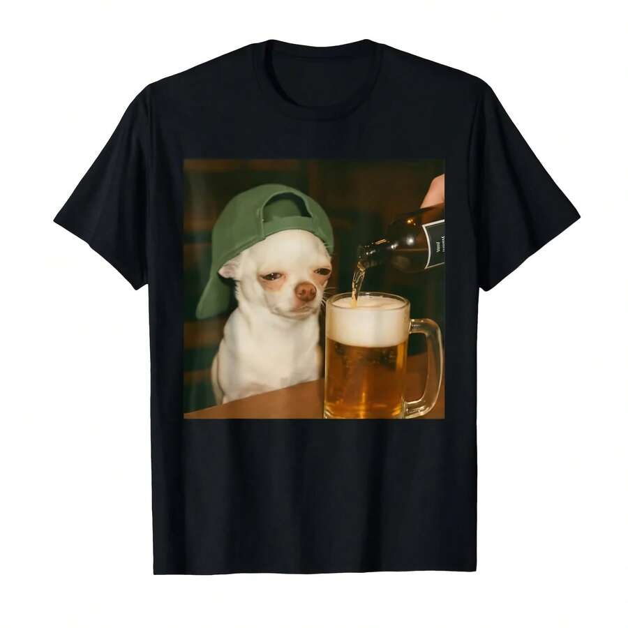 Lustiges Chihuahua Bier Muster T-Shirt für Frauen, Sommer Kurzarm Rundhals T-Shirts, Harajuku Y2k Kleidung, Lässige Rundhals Bekleidung - Form - Übersicht 1