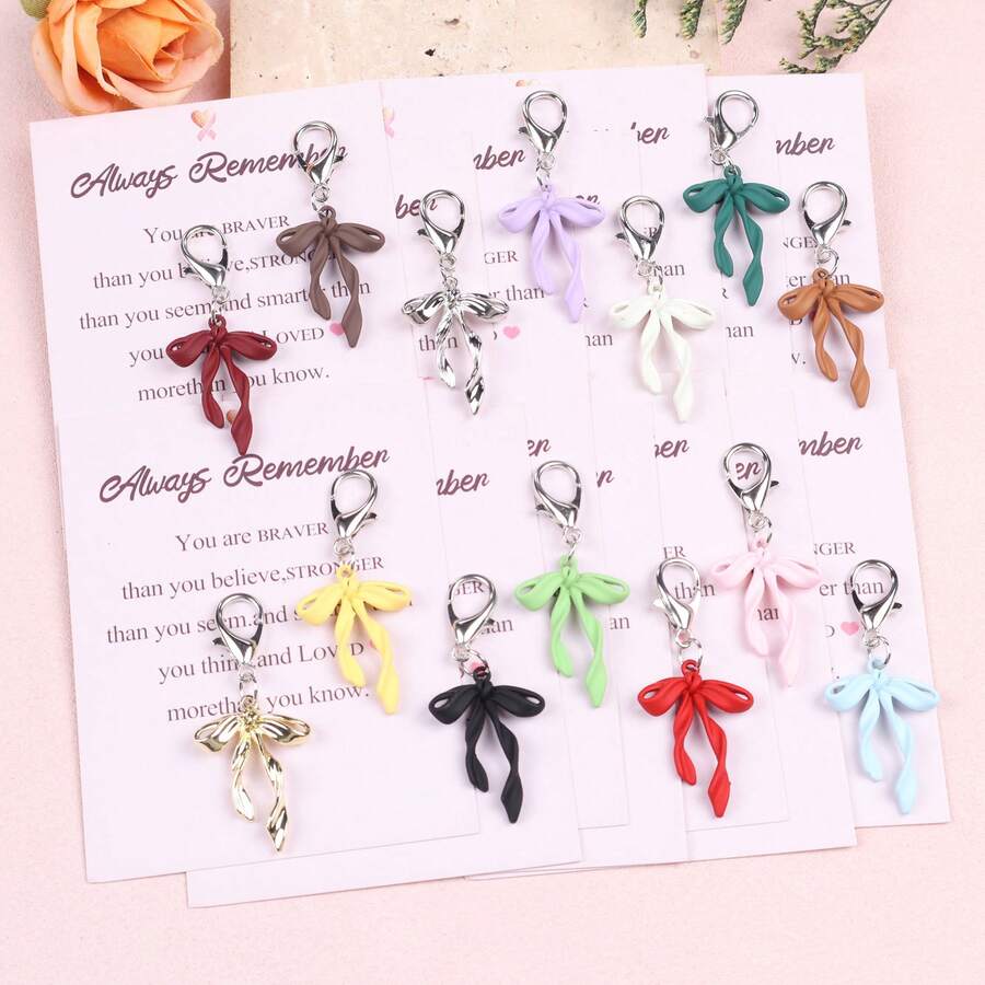 14pcs Fashionable Elegant Bow Keyring Set With Encouragement Theme Pocket Hug Cards, Pocket Hug Gift Pack. Ideal Small Gifts For Breast Cancer Awareness Month. Suitable For Women's Awareness Gifts, Hope Ribbon Decoration, Friendship Gifts, Christmas Gifts, Encouragement Small Gifts, October Pink Theme Decoration. For Your Female Friends Who Need Support And Affirmation.