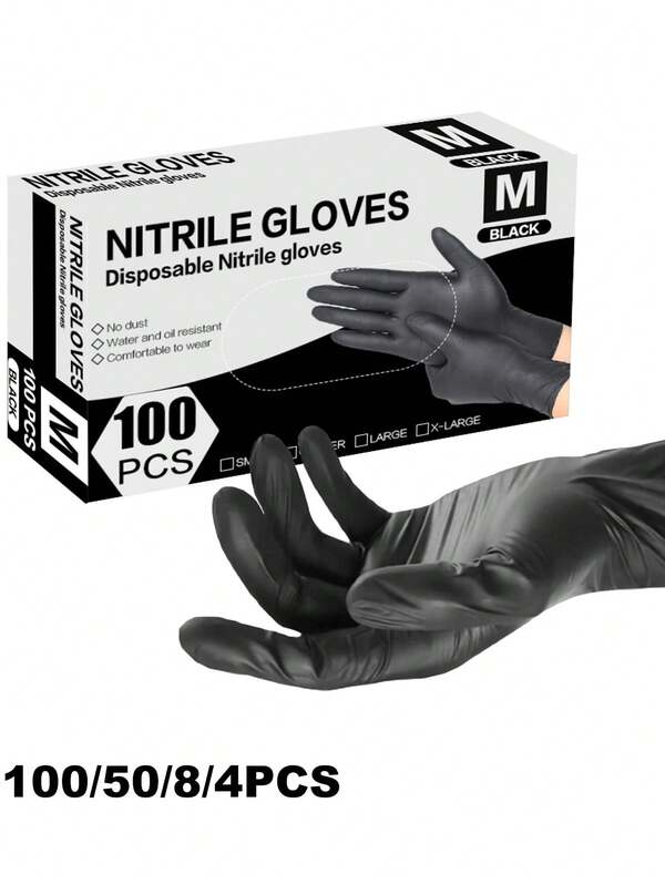 100/50/8/4 piezas Guantes desechables de nitrilo negro, adecuados para cocina, tienda de tatuajes, salón de belleza, tienda de peluquería canina, salón de uñas y limpieza del hogar. Hechos de material de nitrilo de alta calidad, cómodos de usar, adecuados para uso doméstico y profesional. (Caja de embalaje no incluida)