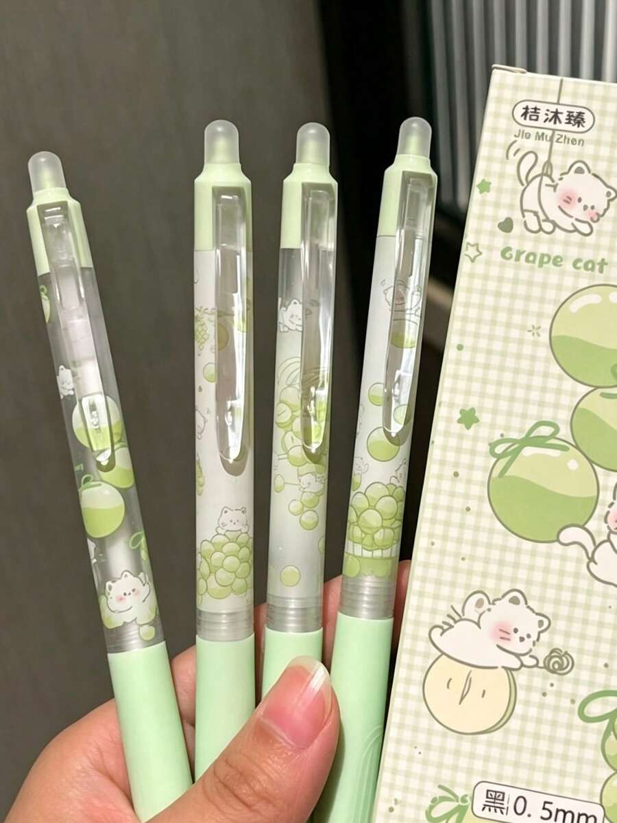 4 buah Pulpen Tinta Hitam yang Dapat Dihapus dengan Desain Kucing Anggur Hijau Musim Panas, Pulpen yang Dapat Dihapus dengan Desain Biru Netral Segar Gaya INS untuk Pelajar dengan Estetika Tinggi - Biru - View 1