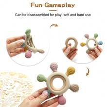 6-Point Teething Boat Steering Wheel Teether For Baby, Silicone And Beech Wood Teething Toy For Infant Teething Period - Multicolor - View 6