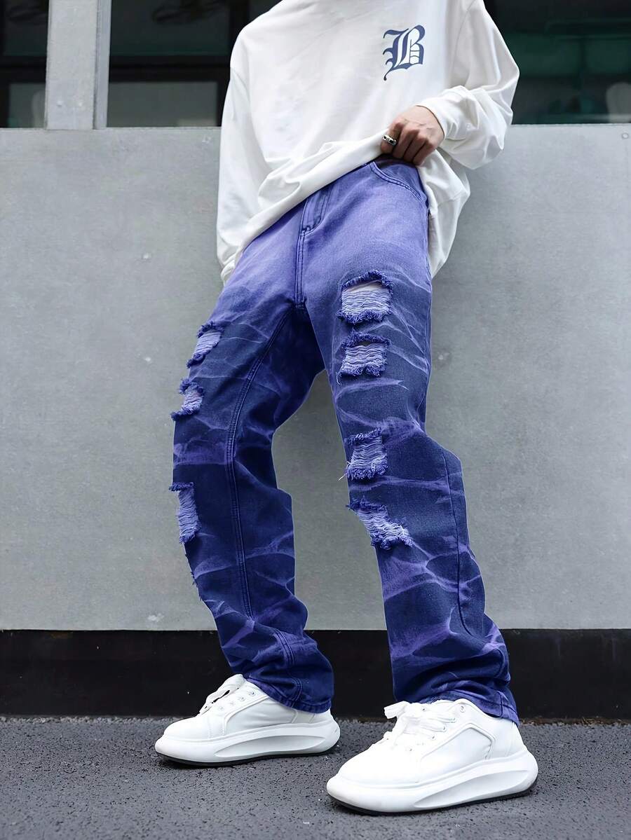 Men's Fashionable Casual Outdoor Ripped Straight Leg Jeans, Purple Leisure Street Jeans, Y2K Style Suitable For Urban Walking, Hanging Out, Outdoor Activities With Family - Dark Wash - View 1