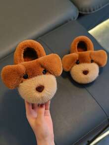 1 Pair New Winter Girls' Plush Slippers, Cute Plush Dog Design, Warm Children's Slippers, Boys' Non-Slip House Shoes - Light Coffee - View 6