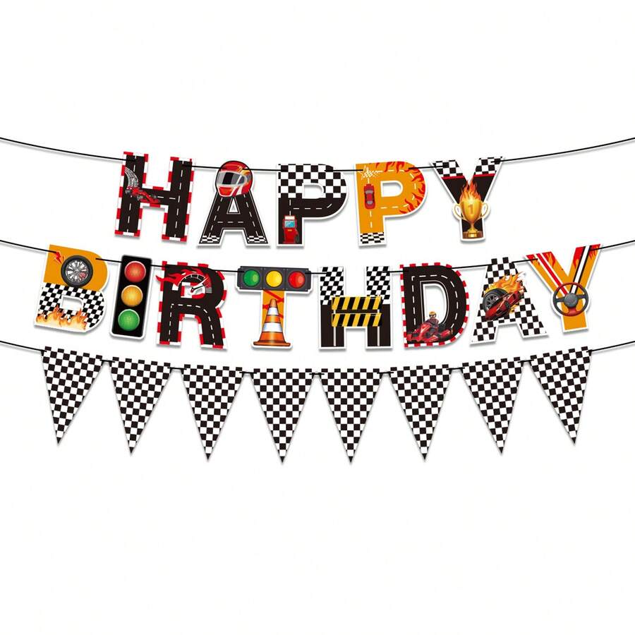 1Set Race Car Happy Birthday Banner With Checkered Pennant Flags, Racing Helmet Traffic Light Trophy Wheel Pattern Paper Garland, Black White Checkered Racing Themed Hanging Decor For Birthday Party Indoor Outdoor Wall Photo Booth Supplies - View 1