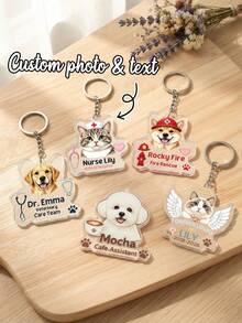 1pc Customized Photo Pet Profession Keychain, Personalized Dog Cat Portrait Acrylic Key Ring, Custom Text Pet Profession Title Keychain, Veterinarian Firefighter Coffee Shop Pet Customized Photo Keychain, Pet Memorial Angel Key Ring, Backpack Charm, Pet Owner Gift, Dog Cat Lover Gift - Multicolor - View 1