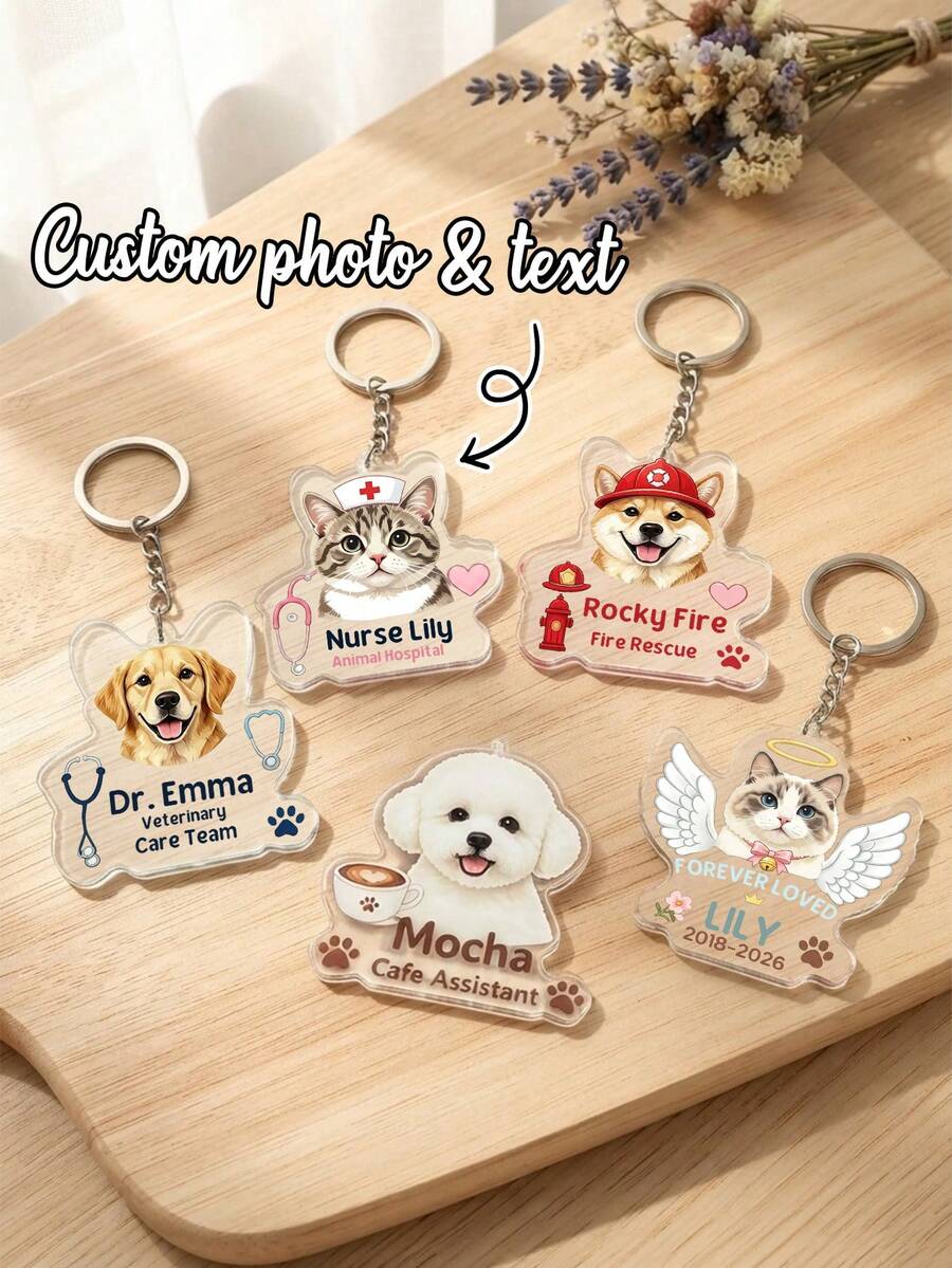 1pc Customized Photo Pet Profession Keychain, Personalized Dog Cat Portrait Acrylic Key Ring, Custom Text Pet Profession Title Keychain, Veterinarian Firefighter Coffee Shop Pet Customized Photo Keychain, Pet Memorial Angel Key Ring, Backpack Charm, Pet Owner Gift, Dog Cat Lover Gift - Multicolor - View 1
