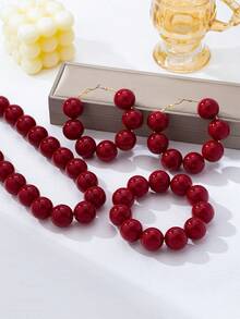 4pcs Bohemian Vintage Elegant Women's Beaded Necklace, Bracelet, Earrings Set, Suitable For Beach, Vacation, Party, Banquet, Daily Wear - Red - View 2
