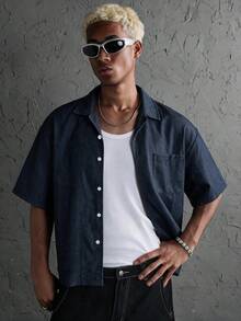 HOMIIE Men Navy Blue Boxy Short Sleeve Shirt, Chest Pocket, Button Up Casual Streetwear Top For Spring, Autumn, Daily, Vacation And Back To School - Navy Blue - View 6