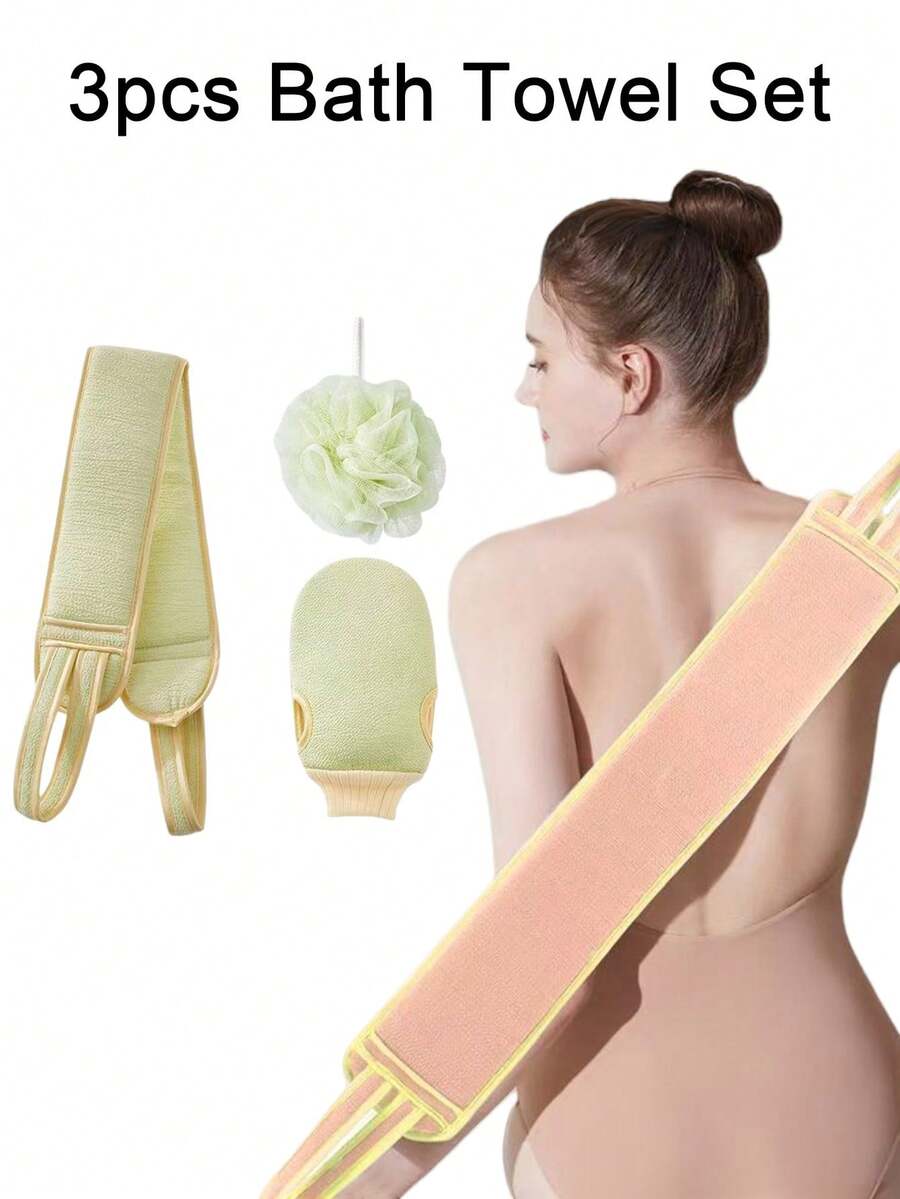 3pcs Bath Exfoliating Set, Back Scrubbing Strap, Bath Mitt, Soft Mesh Bath Ball, Pink Green Purple Macaron Color, Double-Sided Body Exfoliating Bath Tools, Suitable For Adult Home Daily Bathroom Cleaning - Multicolor - View 1