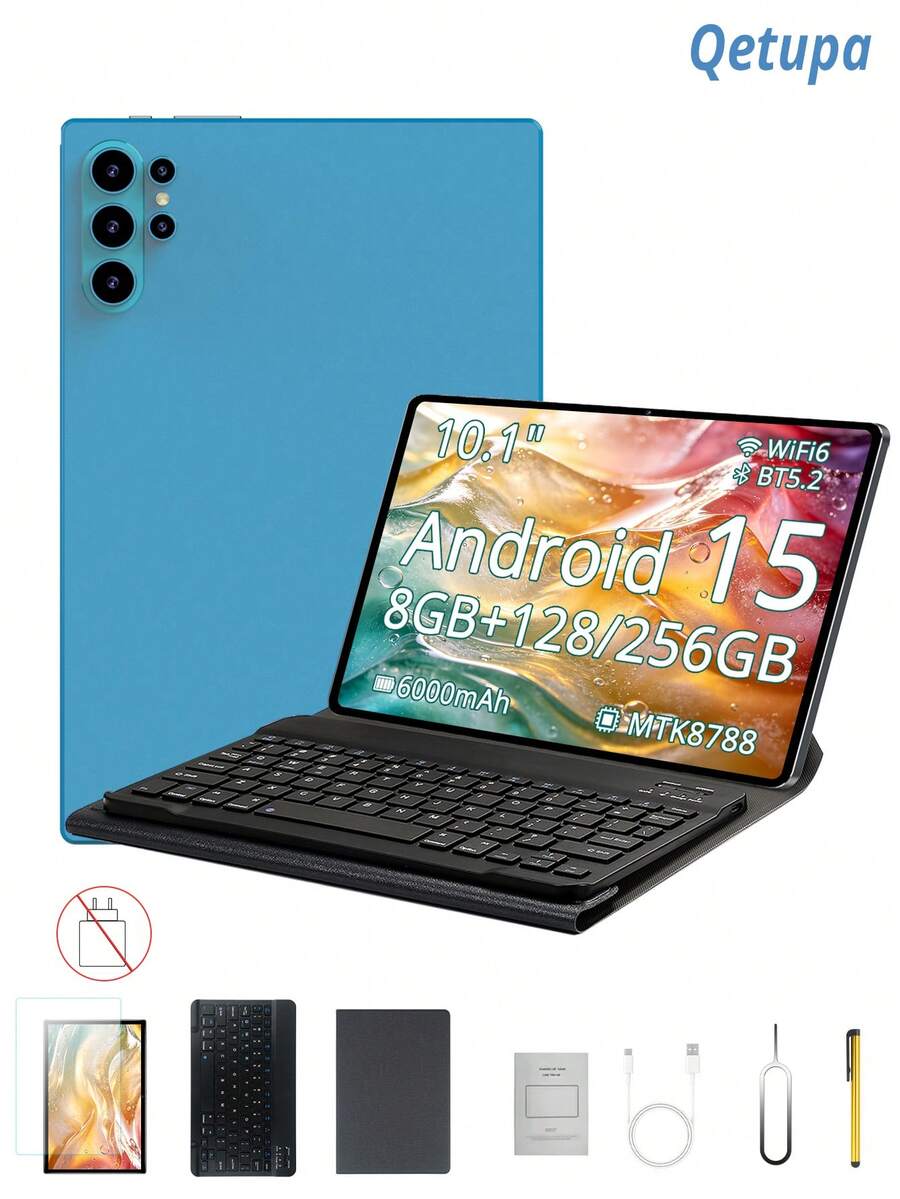 Qetupa 10.1 吋 Android 15 平板電腦，附保護殼、螢幕保護貼、鍵盤與觸控筆，8GB RAM + 128/256GB 儲存空間（可擴充至 1TB），1280x800 觸控螢幕，5MP 前置相機與 13MP 後置相機，6000mAh 電池（不含充電器） - 藍色 - 查看 1