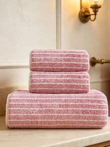 Coral Fleece Soft Quick-Dry Striped Bath Towel/Hand Towel/Face Towel/Beach Towel, Suitable For Bathroom, Back To School, Home Essentials, Skin Care - Pink - View 5