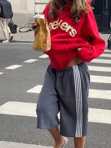 灰色側條紋寬腿運動短褲，鬆緊腰中長度寬鬆女款休閒街頭風短褲，夏季運動休閒復古風 - 灰色 - 查看 6