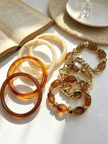 Juego de 7/4/3/1 pulseras de estilo casual vintage de moda con cuentas de resina y CCB doradas multicolores, adecuado para uso diario, vacaciones, fiestas y regalos para mujeres - Multicolor - Ver 4