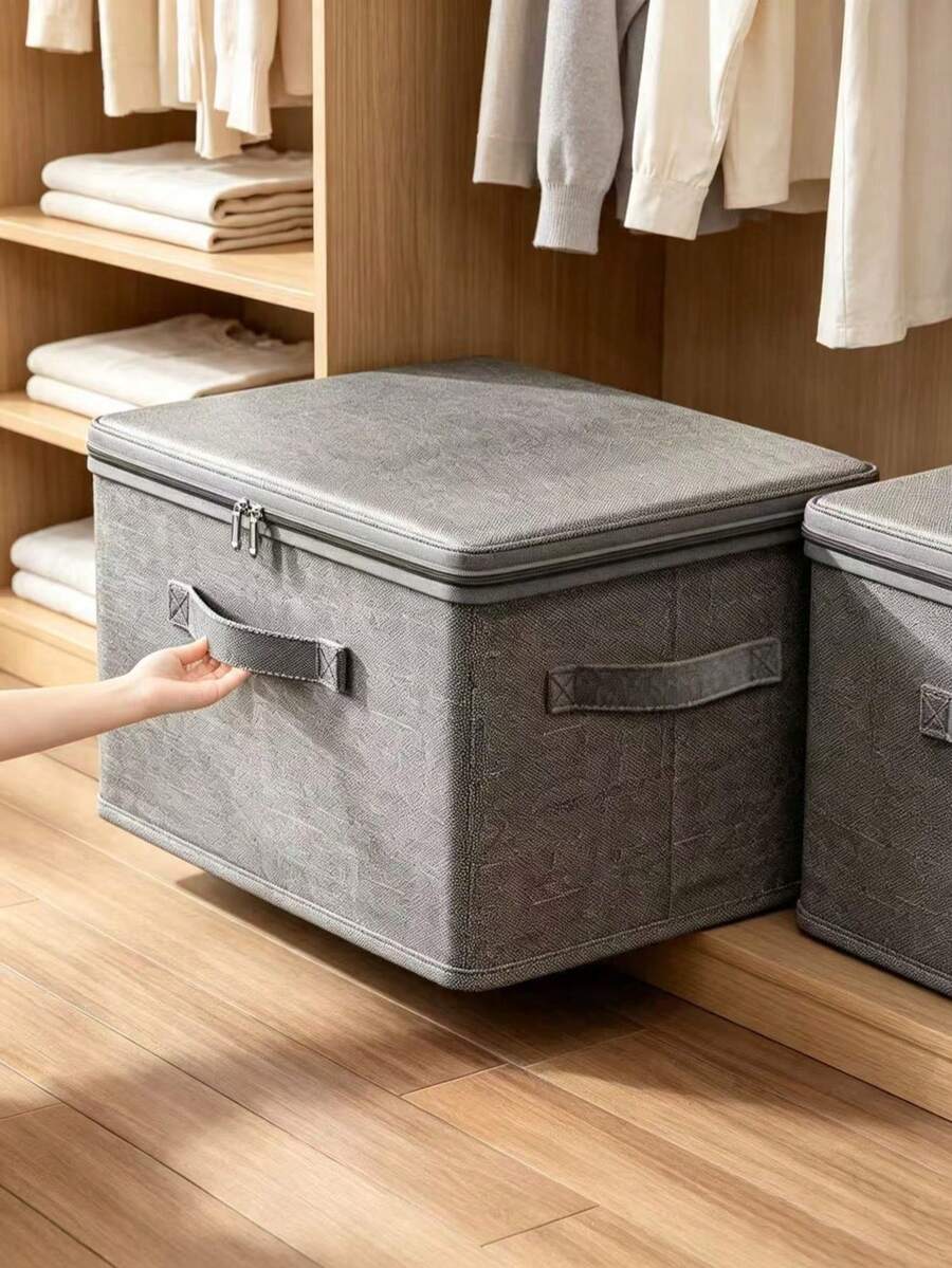 1pc Grey Foldable Fabric Storage Box With Lid, Linen Rectangular Organizer Bin, Collapsible Design With Lid, Suitable For Clothing And Toy Sorting, Storage And Organization, Ideal For Bedroom, Storage Room, Home Decor, Household Item Organization - Grey - View 1