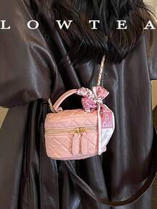 Low Tea 1件純色PU布料女款時尚迷你方型手提包，頂部單手柄設計，拉鍊開合，適合旅行、購物、約會，通勤、戶外、出遊，女性禮物 - 粉色 - 查看 6