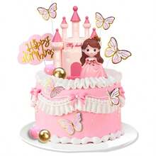 18 buah Hiasan Kue Ulang Tahun Putri, Kupu-kupu & Kastil Tema "Selamat Ulang Tahun" Warna Pink, Cocok untuk Ulang Tahun Anak Perempuan - MultiWarna - View 4