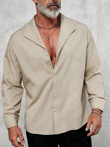 GOLDREDY Summer Thin Old Money Style Lapel Shirt Men's Slouchy Solid Color Loose Long Sleeve Casual Cardigan Top - Apricot - View 6