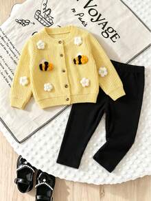 Korean Style Baby Girl Cream Honey Bee Knit Set, Textured Ribbed Single-Breasted Long Sleeve Cardigan With 3D Crochet Bee And White Flower, Solid Vertical Striped Slim Fit Long Pants, 2-Piece Spring Outfit - Yellow - View 1