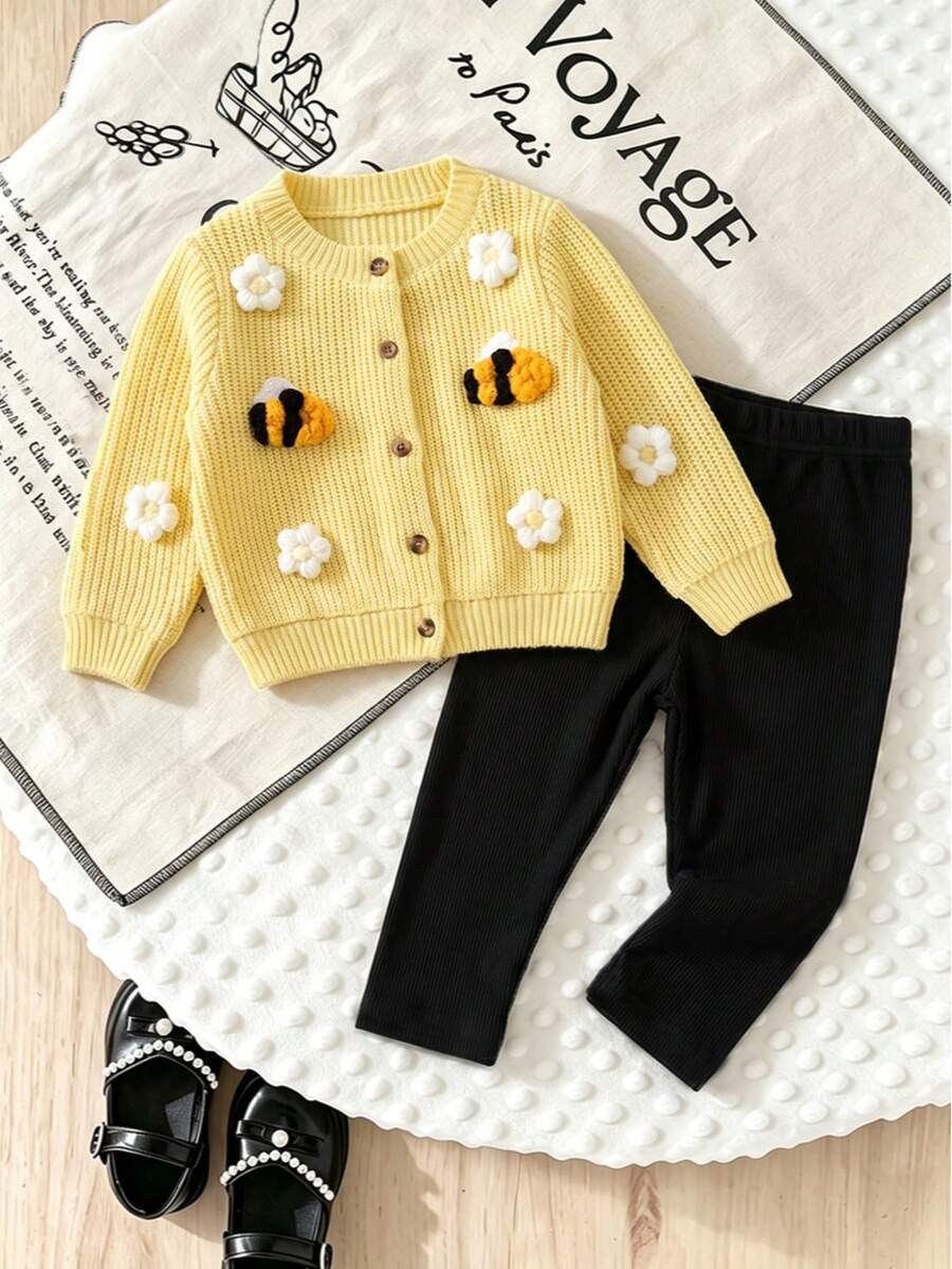 Korean Style Baby Girl Cream Honey Bee Knit Set, Textured Ribbed Single-Breasted Long Sleeve Cardigan With 3D Crochet Bee And White Flower, Solid Vertical Striped Slim Fit Long Pants, 2-Piece Spring Outfit - Yellow - View 1