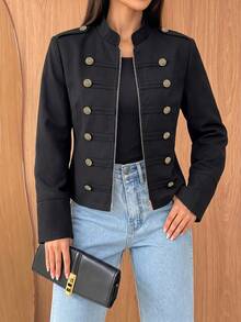 Women's Autumn Black Stand Collar Double-Breasted Metal Button Short Jacket Vintage Zipper Commuter Jacket - Black - View 2