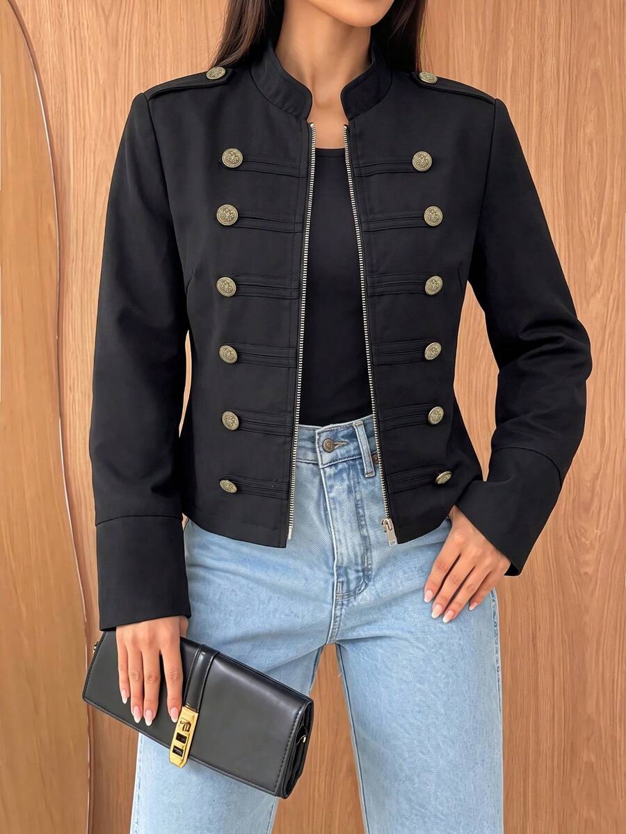 Women's Autumn Black Stand Collar Double-Breasted Metal Button Short Jacket Vintage Zipper Commuter Jacket - Black - View 1