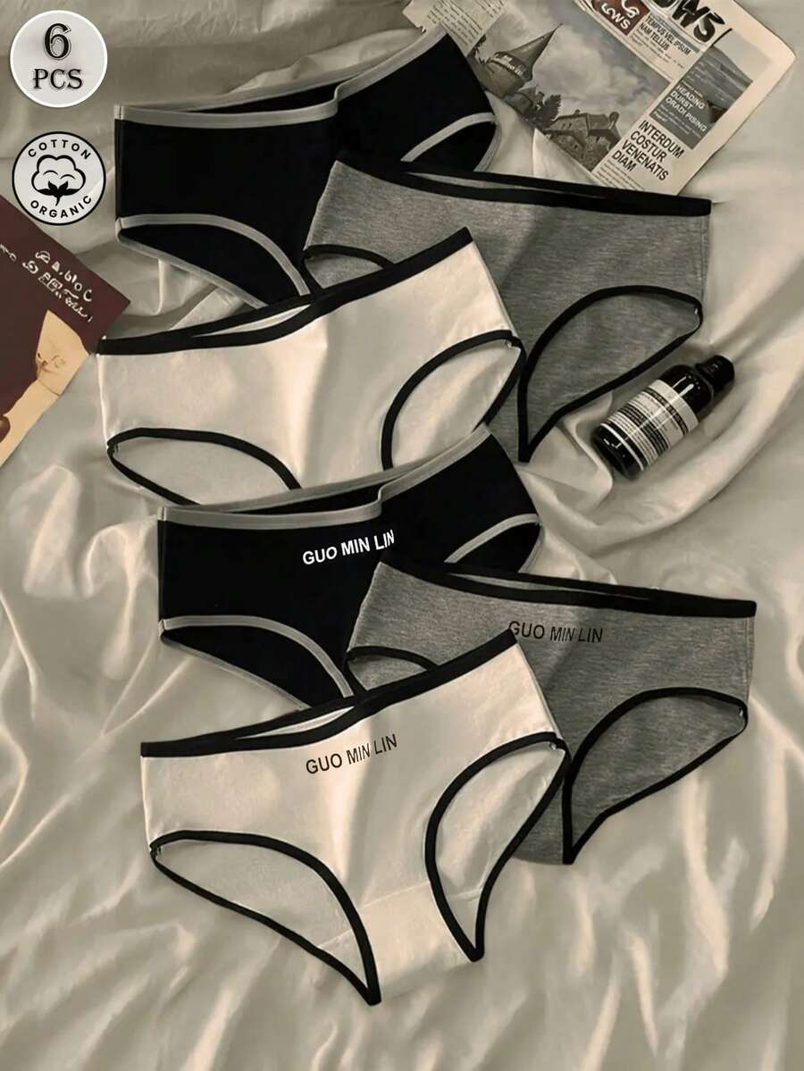 6 piezas Ropa interior deportiva de estilo minimalista y colorida para mujer, pantis negros, blancos y grises de cintura media en forma de triángulo - mezcla - Ver 1