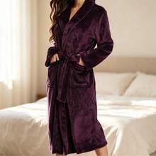 Women's Autumn/Winter Thick Coral Fleece Bathrobe, Long Design, Lapel Collar With Waist Tie, Soft And Warm, With Pockets, Suitable For Home Use As Morning Robe Or Bathrobe - Purple - View 4