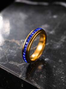 1pc Stainless Steel Gold Ring, Pave Set Colorful Square Rhinestone Thin Band, Versatile Accessory For Daily Wear, Date And Party - Multicolor - View 34